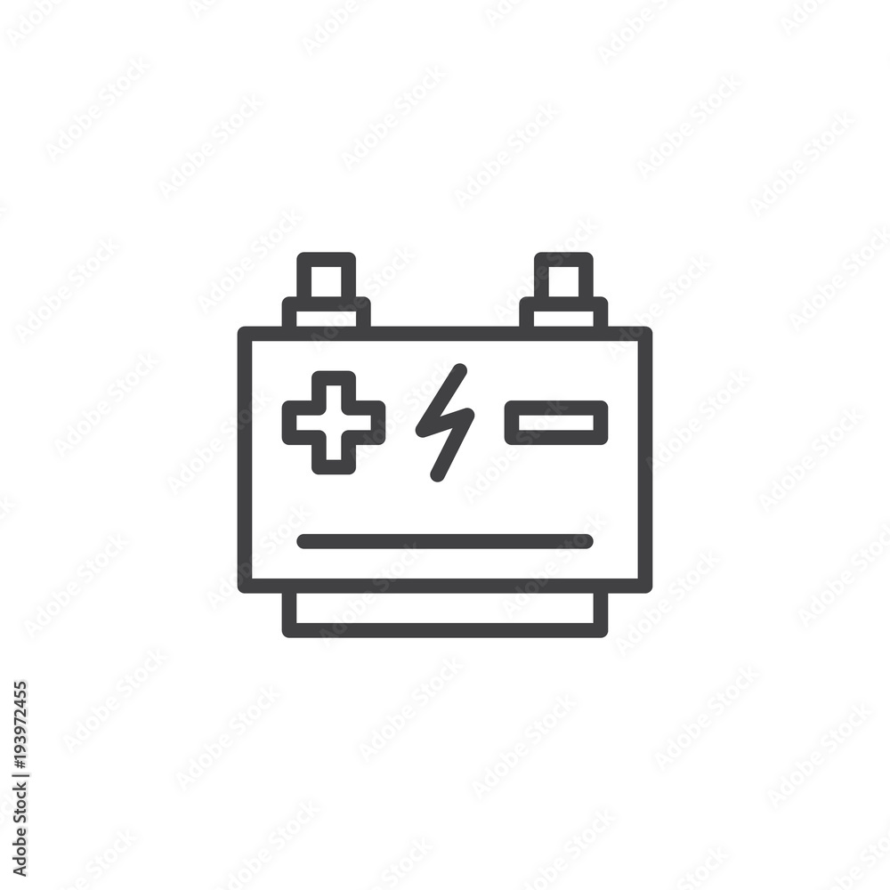 Car battery outline icon. linear style sign for mobile concept and web design. Accumulator rechargeable simple line vector icon. Symbol, logo illustration. Pixel perfect vector graphics Car battery outline icon. linear style sign for mobile concept and web design. Accumulator rechargeable simple line vector icon. Symbol, logo illustration. Pixel perfect vector graphics