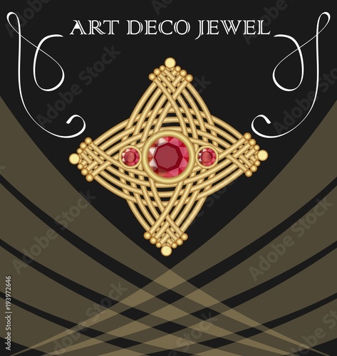 Golden art deco brooch with three red ruby gems, single jewel on black background