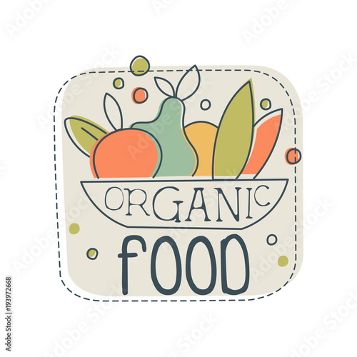 Organic food logo, design element for healthy food store, vegan shop, vegetarian cafe, ecology company, natural products, eco market, farming hand drawn vector Illustration
