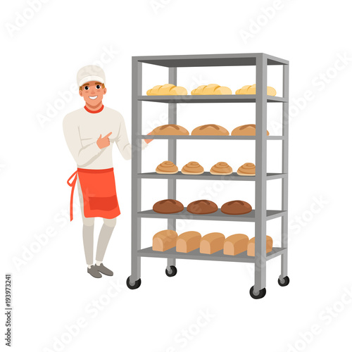 Smiling baker character standing near bread rack with freshly baked bread vector Illustration on a white background