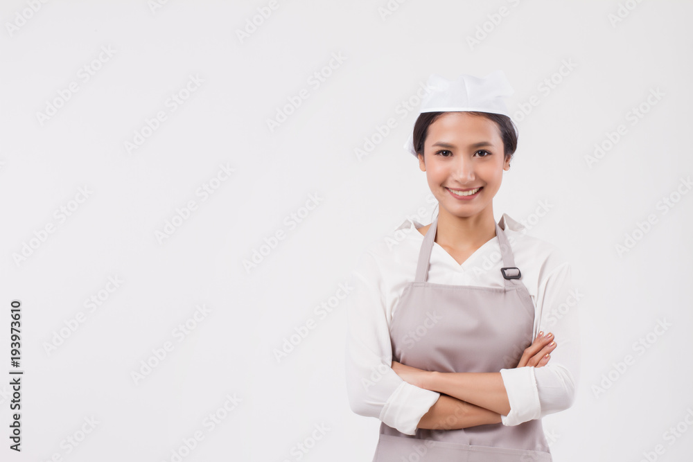 happy smiling confident professional asian woman domestic worker, domestic helper, woman housekeeper, girl shopkeeper, housewife, girl cleaner, woman maid, girl cleaning service staff studio portrait