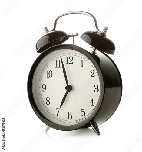 black retro alarm clock isolated on white background