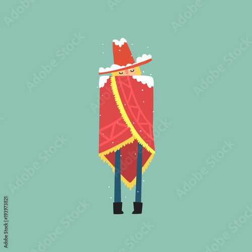 Yong man in red poncho and hat freezing and shivering on winter cold vector Illustration