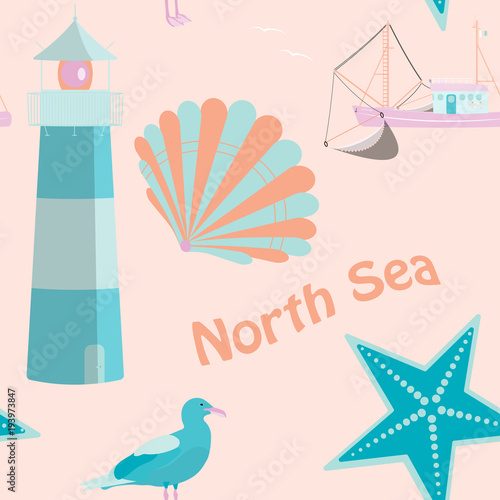 Pattern background. Seamless pattern of North Sea with shells, fisher boat, sea gull and lighthouse in trendy pastel color tones. Text : North Sea