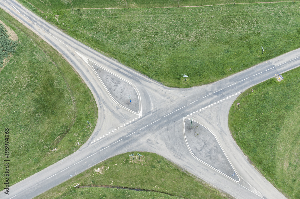 Aerial view of intersection in the countryside