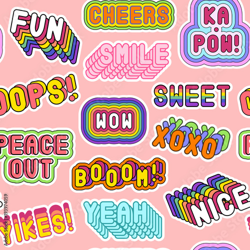 Seamless pattern with patches with words Oops, Cheers, XOXO, Peace out, Wow, Yeah etc,