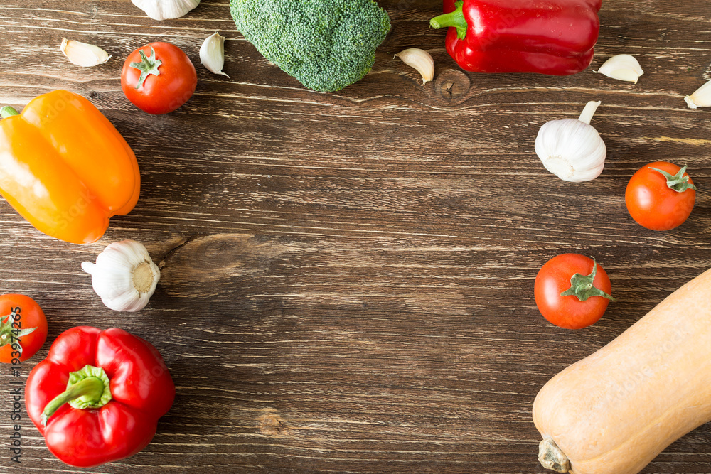 Health diet flat lay scene: vegetables on wooned table and copyspace for text or pictures Health diet flat lay scene: vegetables on wooned table and copyspace for text or pictures