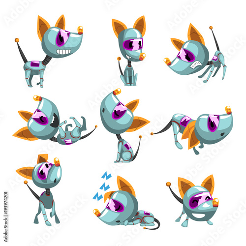 Cute robotic dog set, funny robot animal in different actions vector Illustrations on a white background