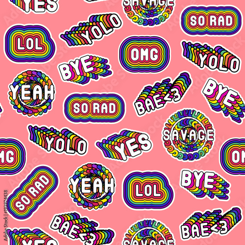 Seamless pattern with rainbow-colored patches with sassy words and phrases: "YOLO", "OMG", "Bae", etc. Slang acronyms, abbreviations. 80s-90s comic style. Pink background.