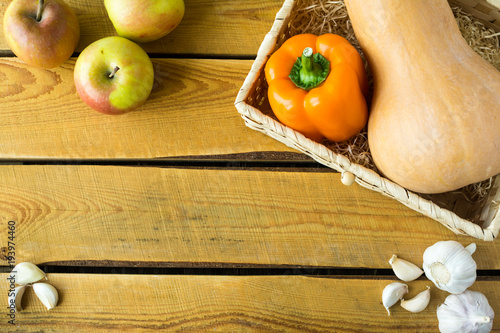 Flat lay view of fruits and vegetables: harvest for clean eating coisine photo