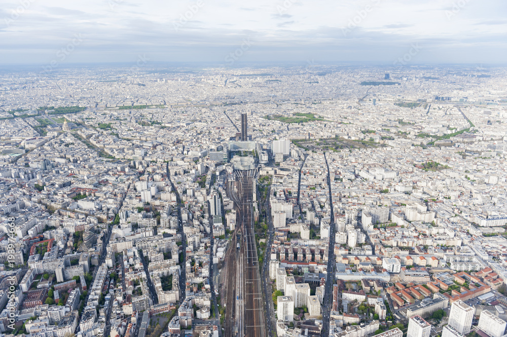 Aerial view of Paris city center near Montparnasse tower and Montparnasse railway station