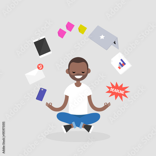Young character meditating with closed eyes in lotus pose surrounded by floating gadgets