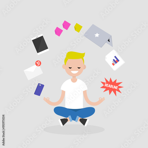 Dealing with stress. Young character meditating with closed eyes in lotus pose surrounded by floating gadgets. Yoga and healthy lifestyle / flat editable vector illustration, clip art