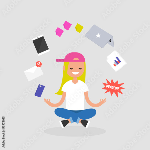 Dealing with stress. Young character meditating with closed eyes in lotus pose surrounded by floating gadgets. Yoga and healthy lifestyle / flat editable vector illustration, clip art