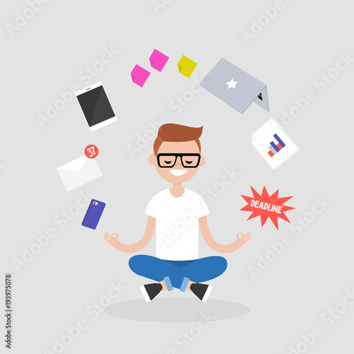 Dealing with stress. Young character meditating with closed eyes in lotus pose surrounded by floating gadgets. Yoga and healthy lifestyle / flat editable vector illustration, clip art