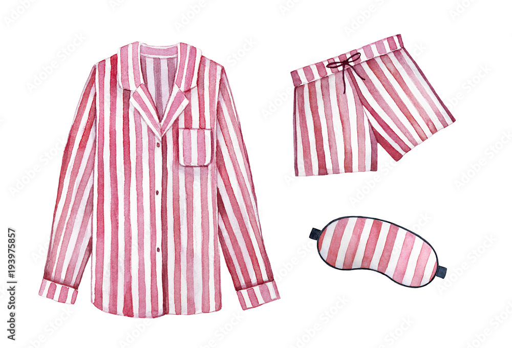 Pajamas sleeping outfit kit. Classic textile stripes, cherry color. Good morning, sleepy dress, stay in bed illustration. Hand drawn watercolour graphic drawing on white background, cut out clipart. - obrazy, fototapety, plakaty 