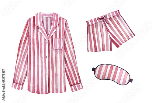 Pajamas sleeping outfit kit. Classic textile stripes, cherry color. Good morning, sleepy dress, stay in bed illustration. Hand drawn watercolour graphic drawing on white background, cut out clipart.