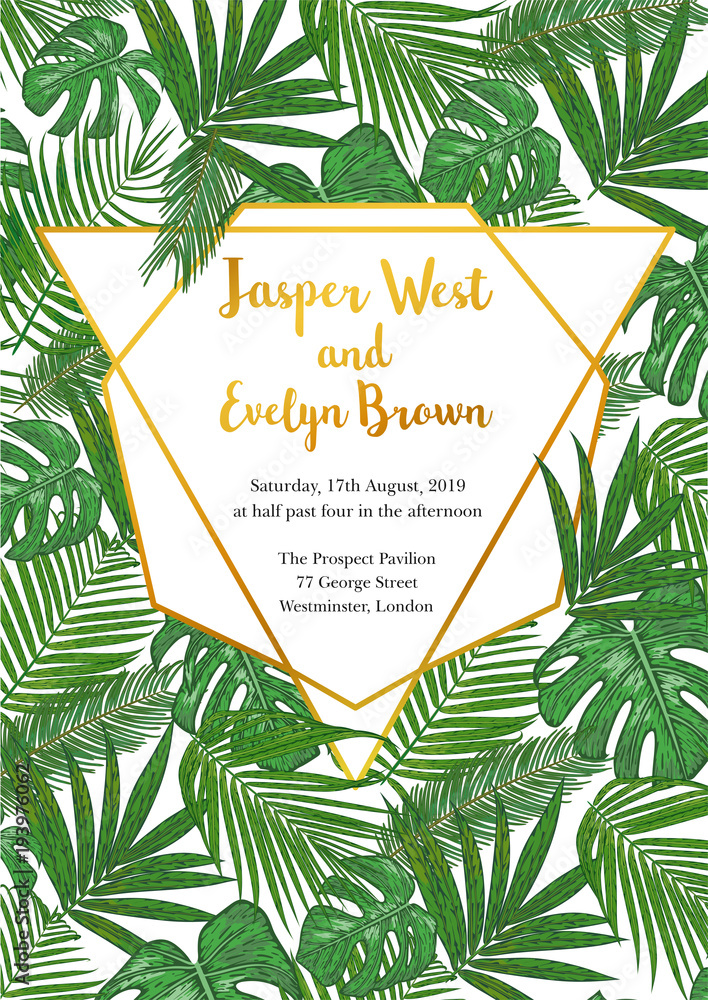 Vector beautiful wedding invitation with watercolor various palm leaves in a design geometric golden frame. Concept of the jungle for the design of invite, greeting cards