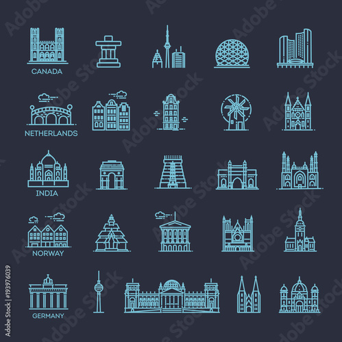 Simple linear Vector icon set representing global tourist landmarks and travel destinations for vacations