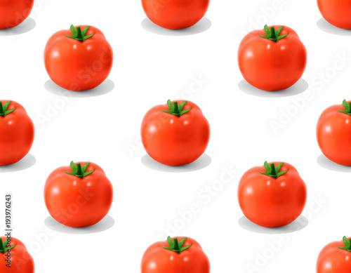 Fresh tomatoes pattern Seamless photo pattern with red tomatoes with green leaves on white background