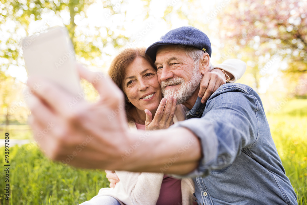 Senior couple with smartphone outside in spring nature. Senior couple with smartphone outside in spring nature.
