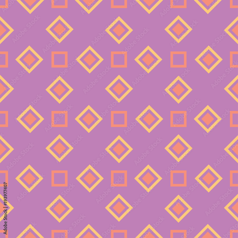 Geometric violet seamless pattern. Bright colored background with pink and yellow elements Geometric violet seamless pattern. Bright colored background with pink and yellow elements