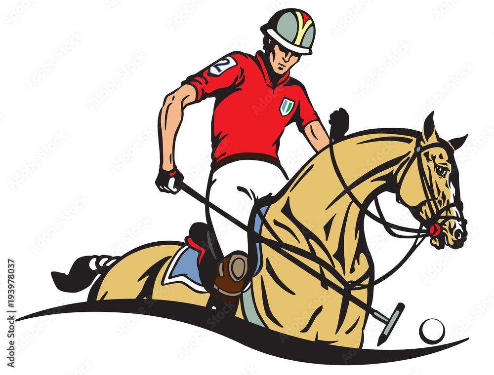 Equestrian polo player and pony horse . Horseman sitting on a horseback and holding a long handled wooden mallet sick to hit a ball . Equine sport emblem badge . Vector illustration