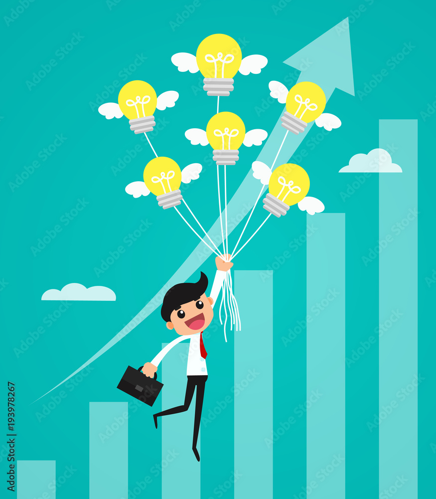 Obraz premium Businessman flying with idea balloon over growth chart. business concept vector illustration