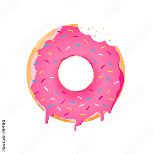 Realistic donut with colorful sprinkles.