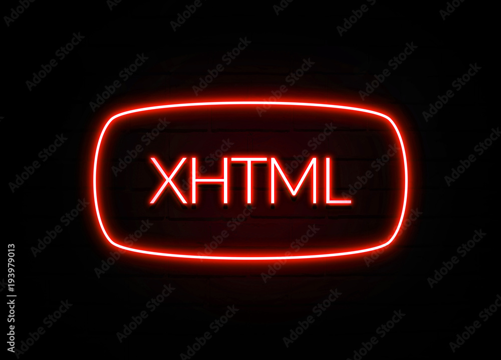 Xhtml neon sign on brick wall background. Xhtml neon sign on brick wall background.