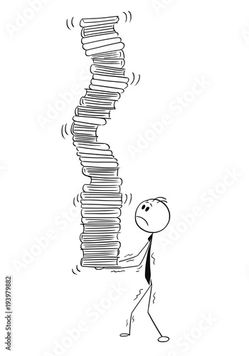 Cartoon stick man drawing conceptual illustration of businessman carry and balance high pile of office files and folders.