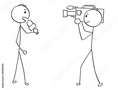 Cartoon stick man drawing illustration of tv or television news reporter and cameraman.
