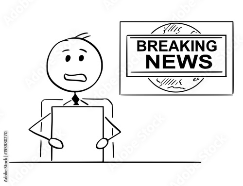 Cartoon stick man drawing illustration of tv or television news reporter or presenter.