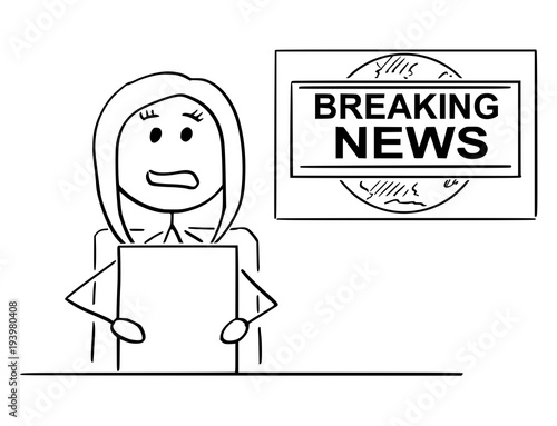 Cartoon stick man drawing illustration of woman or female tv or television news reporter or presenter.