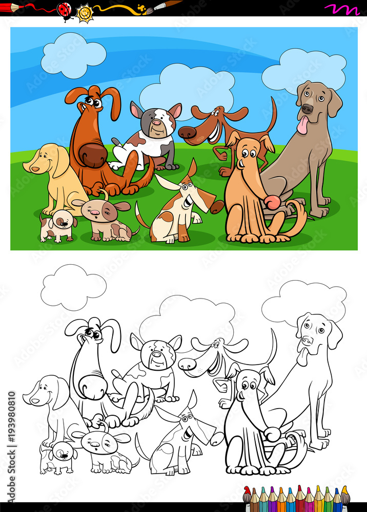 funny dogs characters group coloring book