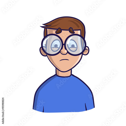 Upset boy with glasses looking puzzled. Isolated flat illustration on white backgroud, cartoon vector image.