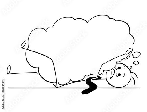 Cartoon stick man drawing conceptual illustration of businessman who is overburdened and buried by large text speech bubble as metaphor for big problem he is thinking about.