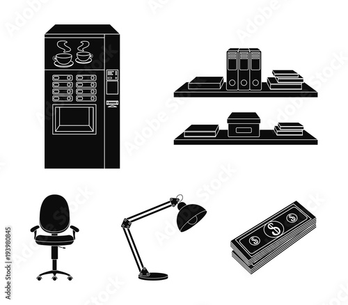 Shelves, folders and notebooks with business records, a coffee machine with cups, an armchair with a backrest on wheels, a desk lamp. Office Furniture set collection icons in black style vector symbol