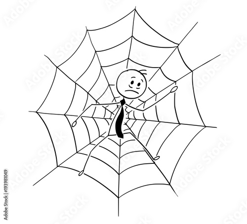 Cartoon stick man drawing conceptual illustration of businessman trapped in spider web. Business concept of competition, risk and fail.