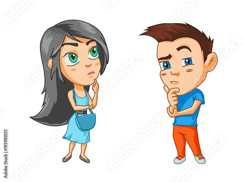 Girl and boy are seriously thinking about something, cartoon stickers with emotions