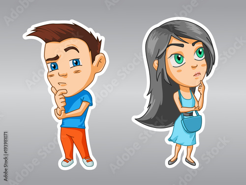 Girl and boy are seriously thinking about something, cartoon stickers with emotions