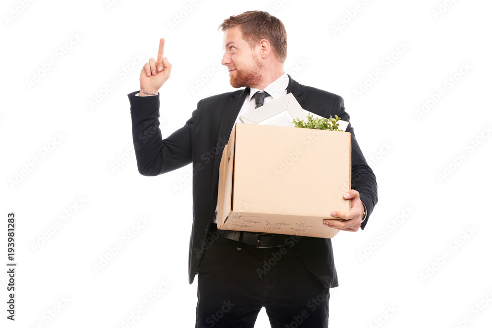 Office worker in suit holding box with personal belongings on white background Office worker in suit holding box with personal belongings on white background