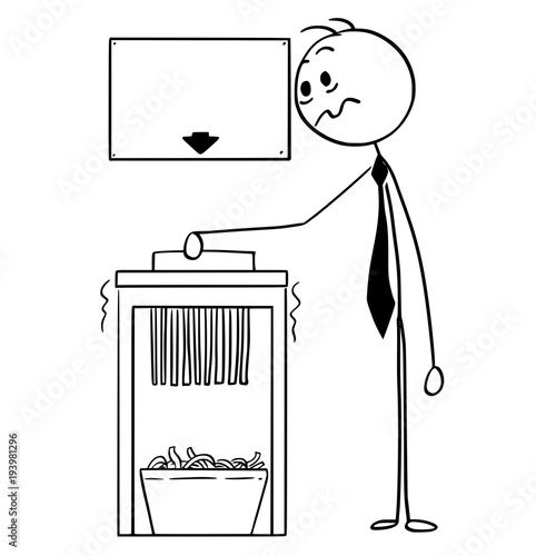 Cartoon stick man drawing conceptual illustration of businessman using office paper shredder with empty or blank sign for funny text above.