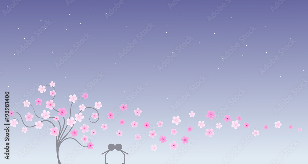 Silhouette of young couple in love kissing next to a tree and under cherry petals, blossoms and the stars in anniversary day at night