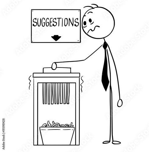 Cartoon stick man drawing conceptual illustration of businessman using office paper shredder with suggestion sign above.