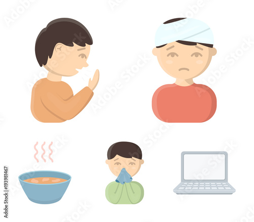 A man with a bandaged head, a man coughing, a man snorts a snot, a bowl, a bowl of hot broth into a handkerchief. Sick set collection icons in cartoon style vector symbol stock illustration web.