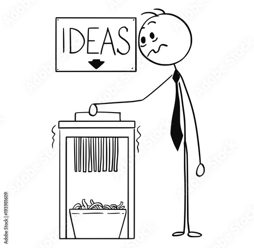 Cartoon stick man drawing conceptual illustration of businessman using office paper shredder with ideas sign above.