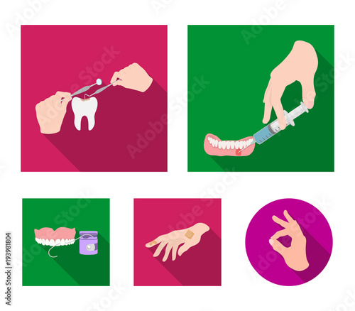 Anesthetic injection, dental instrument, hand manipulation, tooth cleaning and other web icon in flat style.bactericidal plaster, medicine icons in set collection.
