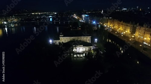 Night city of Prague, Zofin Palace, streets of Prague, PALC OFN, panoramic view from above, aerial photo