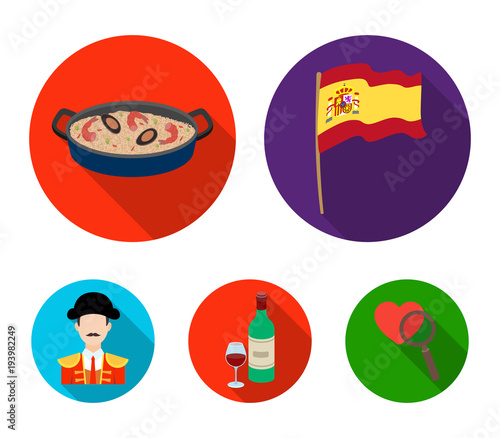 Flag with the coat of arms of Spain, a national dish with rice and tomatoes, a bottle of wine with a glass, a bullfighter, a matador. Spain country set collection icons in flat style vector symbol